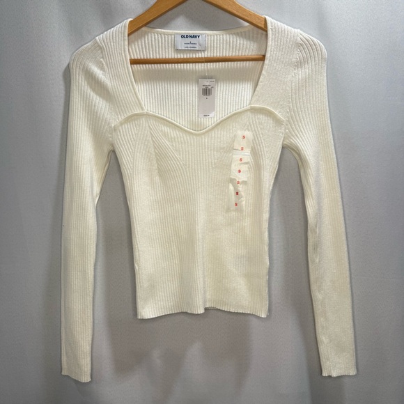 Old Navy White Ribbed Knit Long Sleeve Sweetheart Top (Size Small) - Picture 1 of 4
